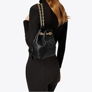 Tory Burch Black Leather Backpack with Gold Chain
